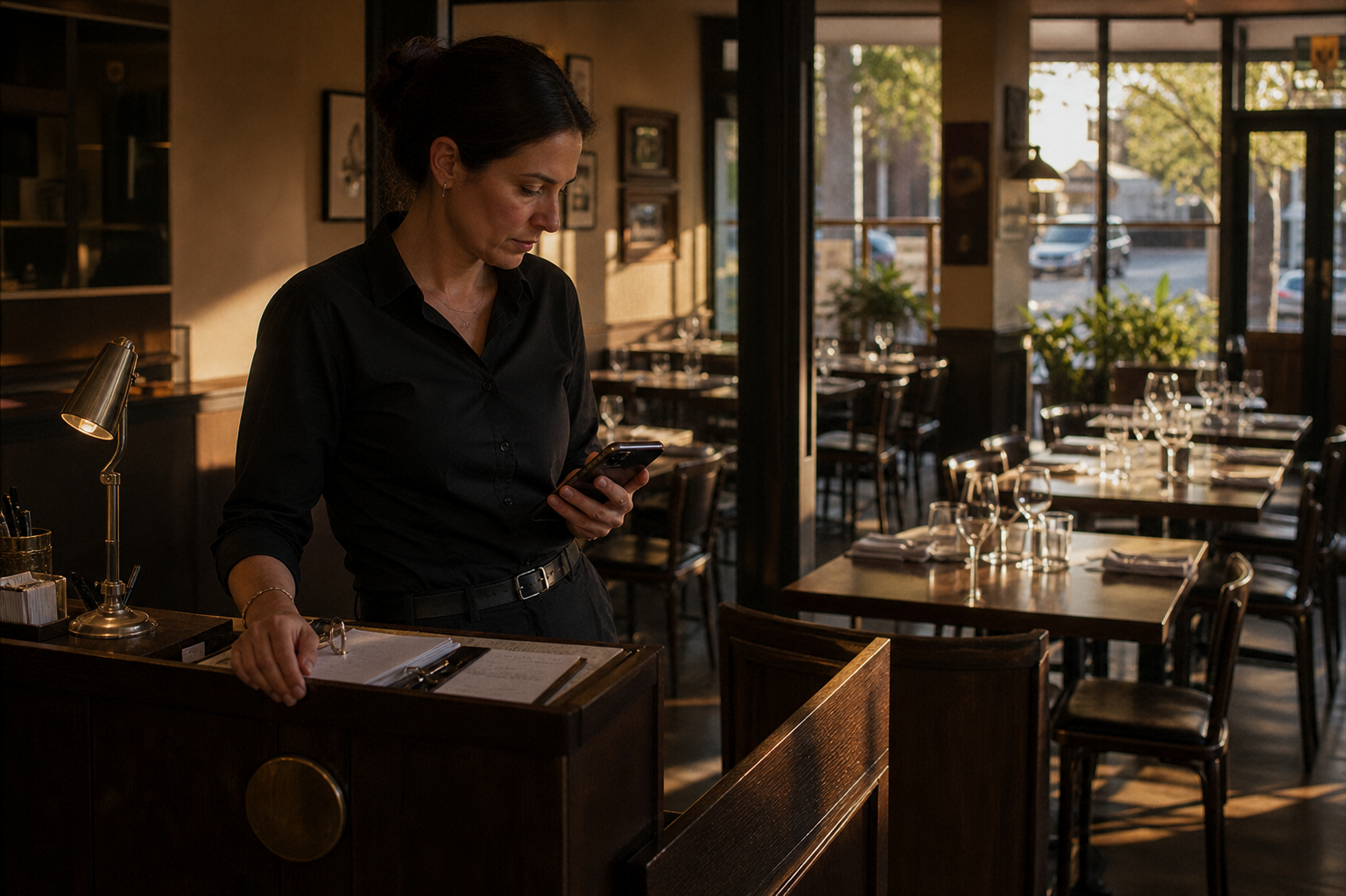 Scene for The Forecast Agent.: GM at 4pm staring out at an empty dining room, phone open to the next-service brief.