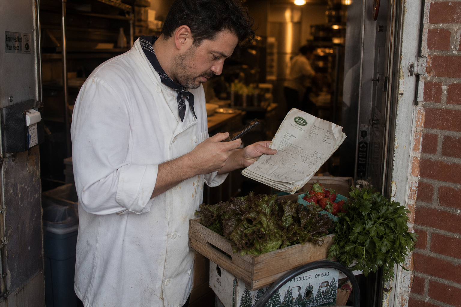 Scene for The Invoice Agent.: Chef’s hand holding a phone, snapping a photo of a stack of produce invoices at the back door.