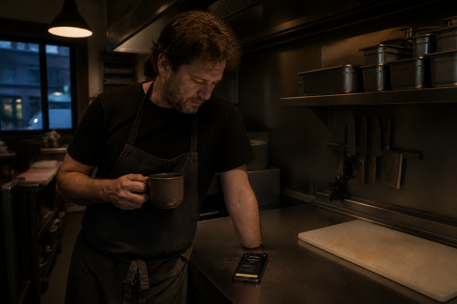 Scene for The Margin Agent.: Chef early morning in the kitchen, coffee in hand, looking at a phone notification.
