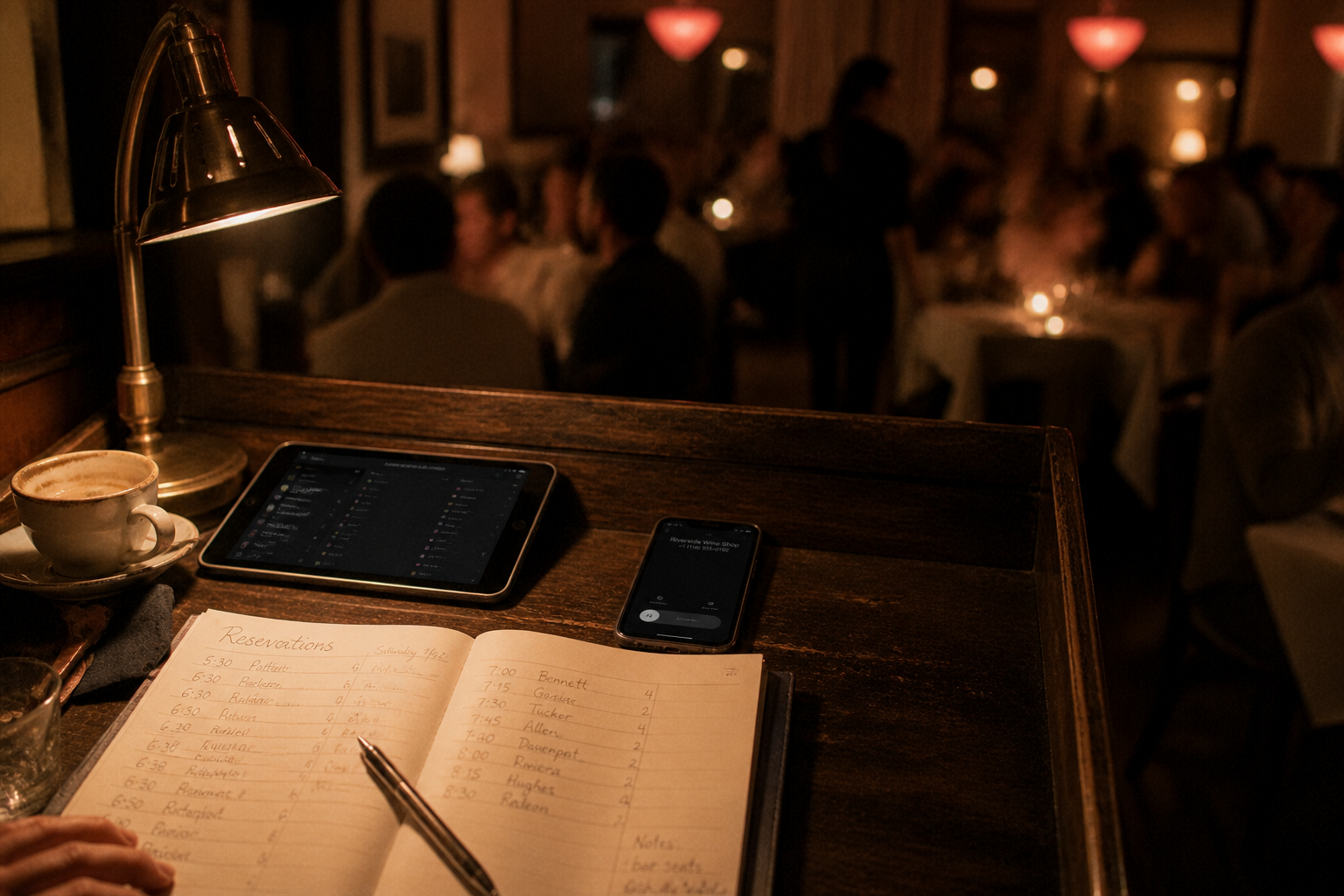 Scene for The Reservation Agent.: A busy host stand mid-service: phone ringing, the book open, a soft blur of guests behind.