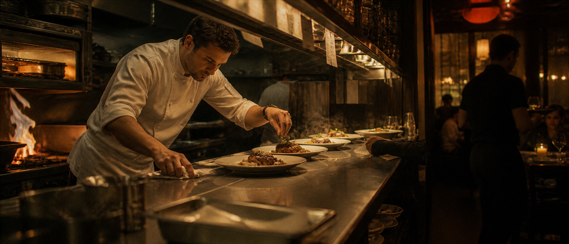 A chef finishing plates at the pass during peak service, the kitchen on one side and the warm dining room on the other.
