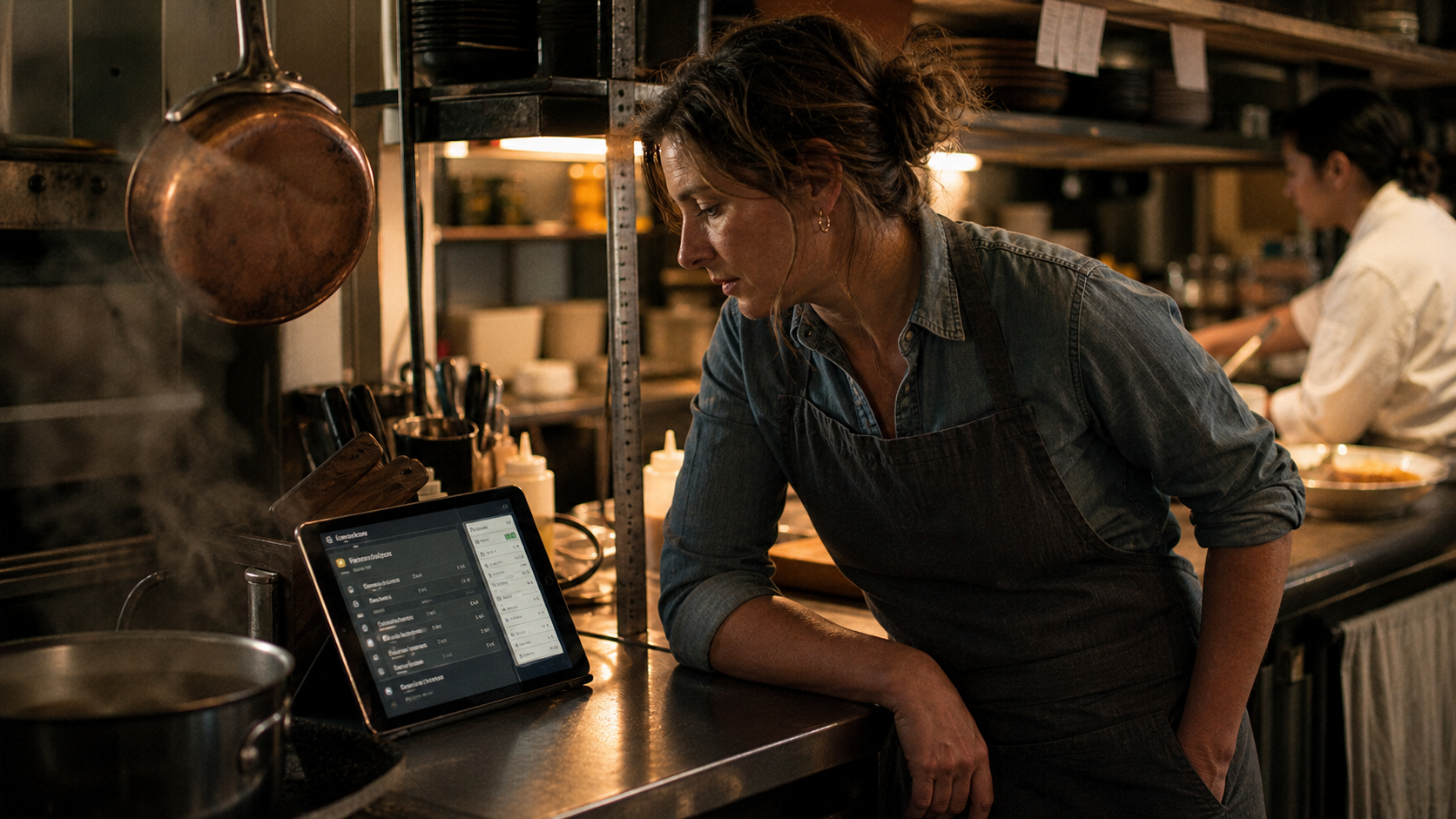 A general manager studying a tablet with a tailored POS interface in a warm restaurant kitchen.