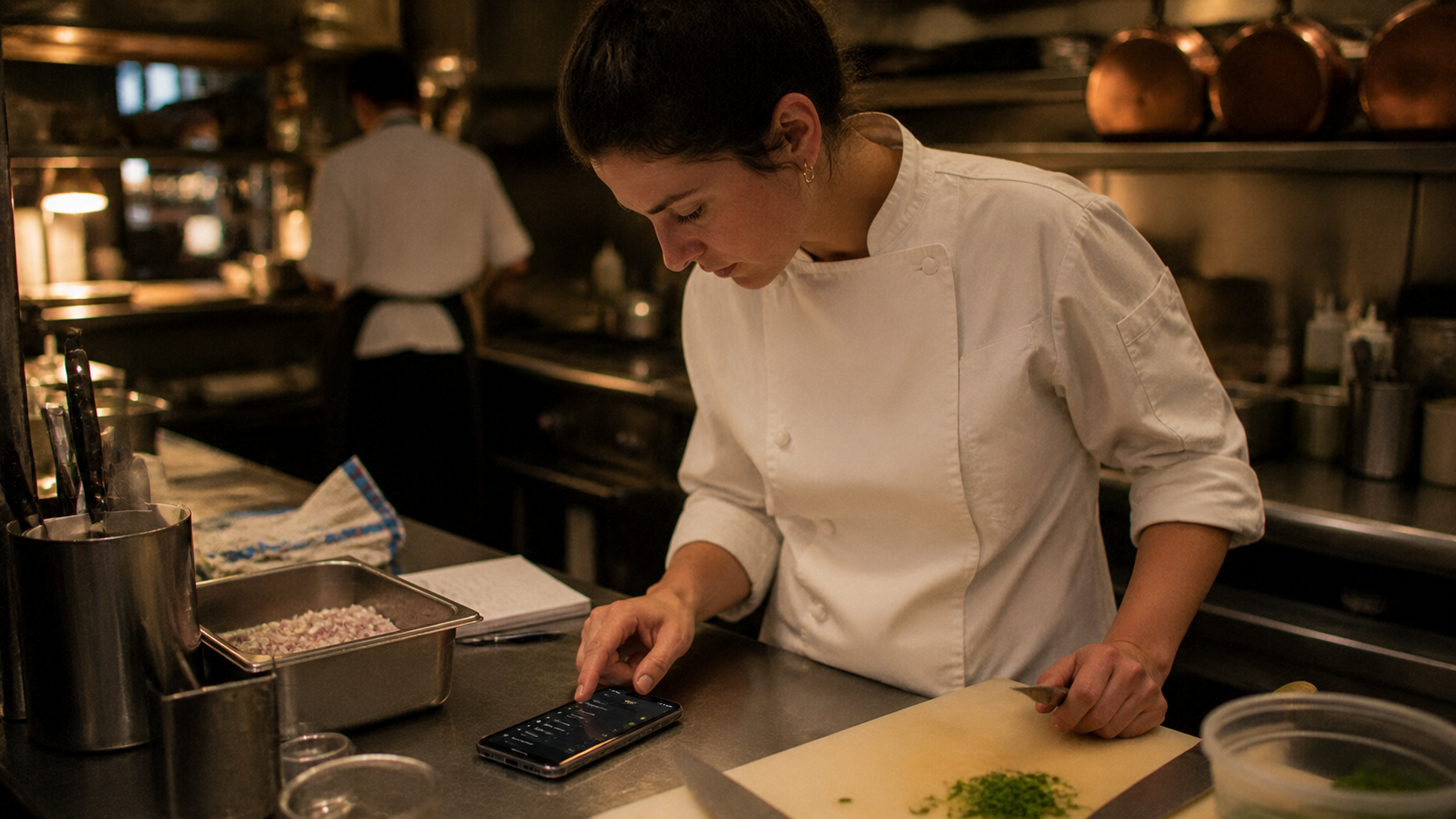 A sous chef tapping a custom dark-mode app on her phone at the prep station.